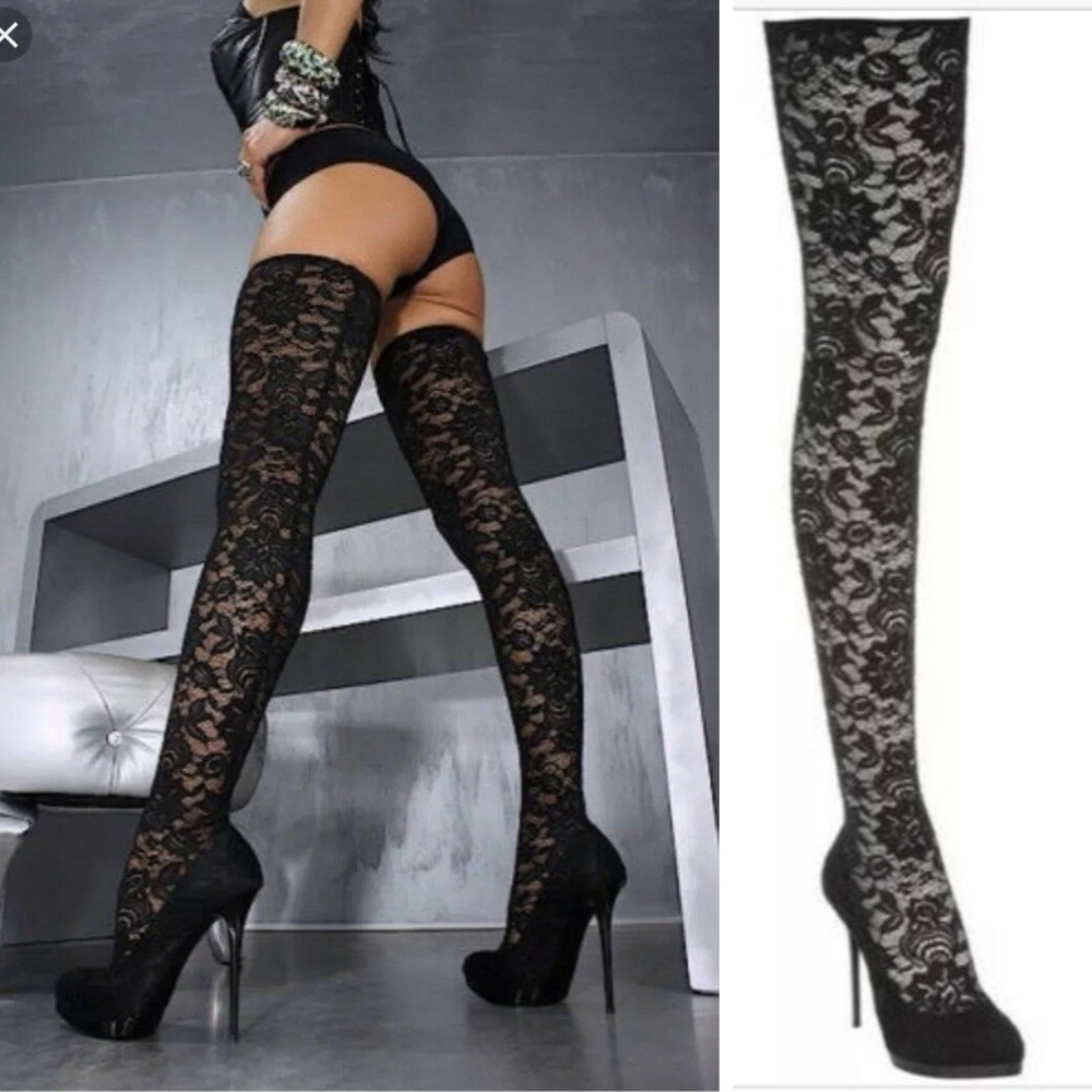 Gianmarco Lorenzi Black Lace Stocking Thigh Boots